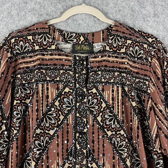 Bob Mackie Jersey Top Womens XL Brown Printed Sequins Button Front Stretch Artsy - Picture 2 of 16